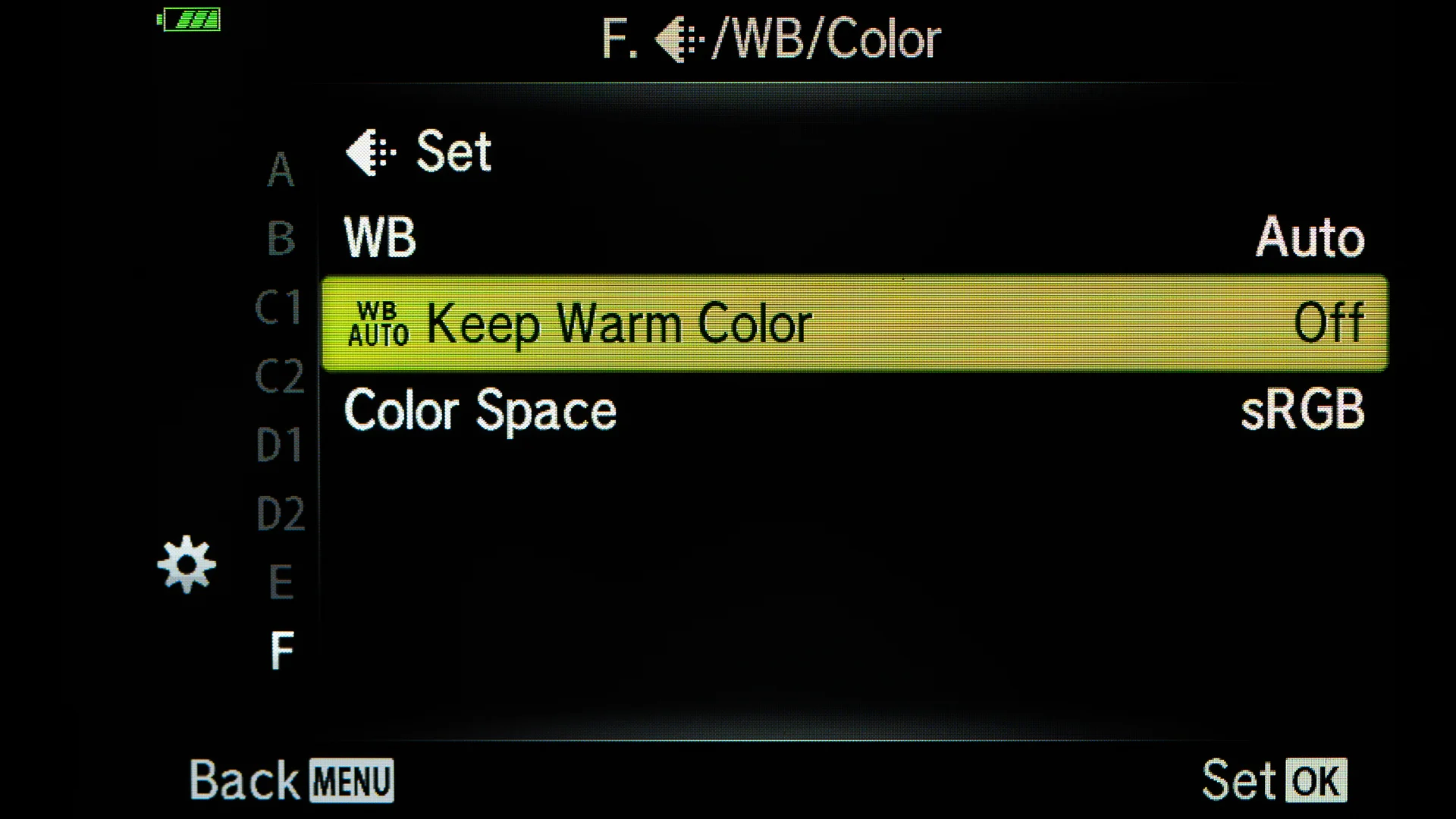 I have turned the Warm Color off. If you like the Warm Colors and do not do much post processing and shoot jpgs then you might want to have the Warm Colors On. If shooting only jpgs and post images online, sRGB is fine.