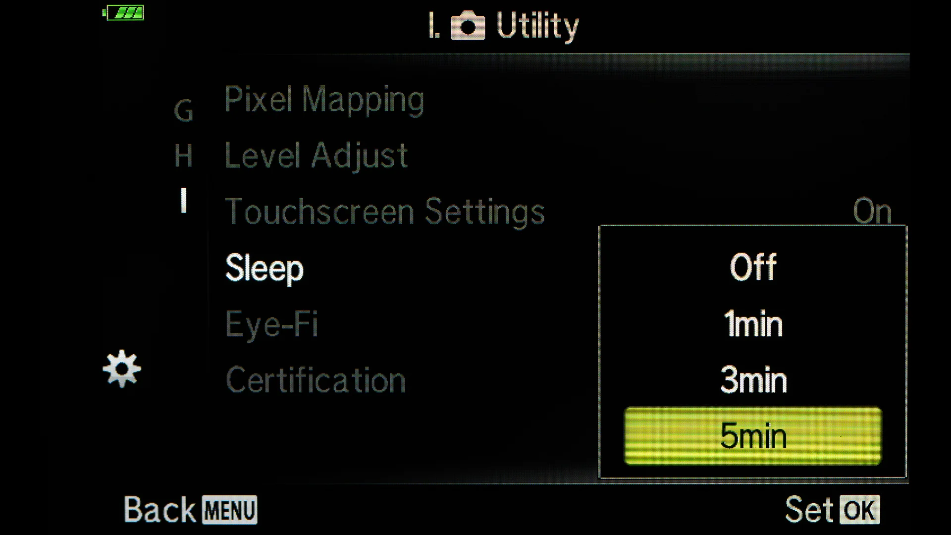 I have the Sleep Time set at 5 minutes. I want to have my camera ready all the time. Usually make an image in five minutes so that time is quite good for me. If you want to save some battery life you can have the Sleep Time shorter.