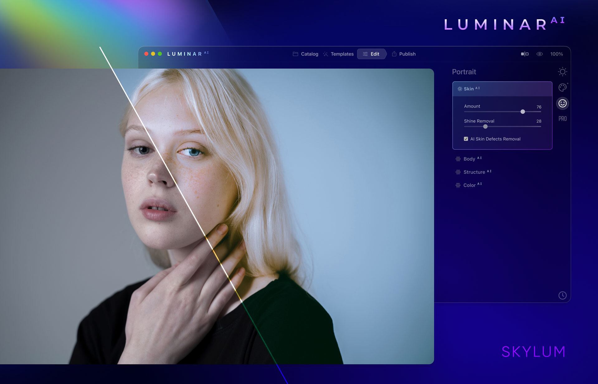 Screenshot from Luminar AI and its Skin AI. Image: Skylum
